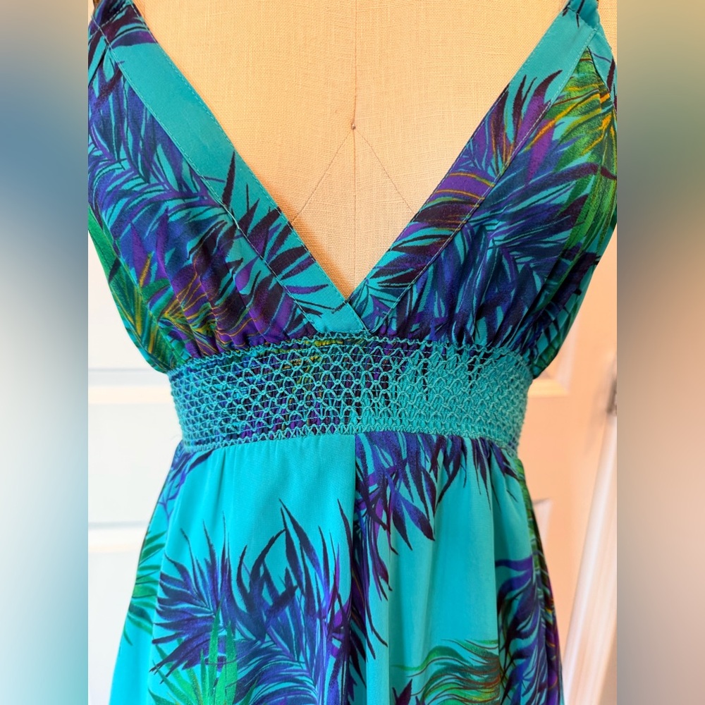 Y2K Tropical Palm Print Mini Dress Teal Chain Back Ruffle Hem Arden B XS - Picture 3 of 10